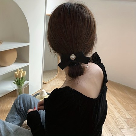 Topmoon Hair ties Elegant Minimalist Black Imitation Silk French Bow Hair Scrunchie with Pearl Accent, Solid Color Hair Rope, Vintage Style Single Piece Hair Tie Accessory 2pcs