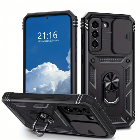 Houseagle Cell phone cases For Samsung Galaxy S21 FE 5G Ring Kickstand Case Protective Hybrid Rugged Hard Shockproof Heavy Duty Holder Card Slot Camera Protection Phone Cover Black