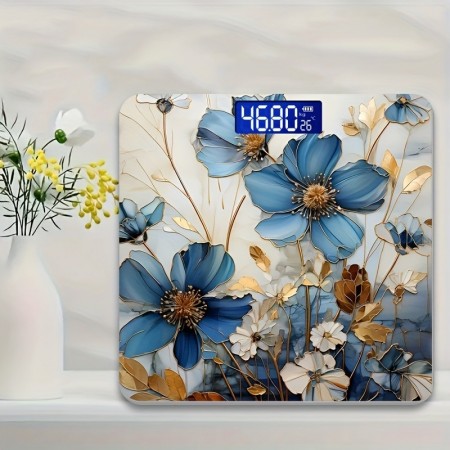 Wild snake Scales Floral Digital Bathroom Scale with Temperature Display – High Precision LCD Sensor, AAA Battery Operated, Decorative Blue and Golden Design, Ideal for Home Decor, Bathroom Decor And Accessories