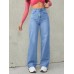 Shellgirl Jeans High Waisted Loose Comfortable Wide Leg Jeans, Blue Light Wash Diagonal Pockets Medium Stretch Straight Jeans L size