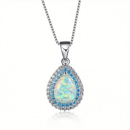 Loveasgard Necklaces Elegant Boho Chic Teardrop Opal Pendant Necklace - Sea Blue Zirconia, Perfect Birthday Gift for Her