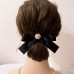 Topmoon Hair ties Elegant Minimalist Black Imitation Silk French Bow Hair Scrunchie with Pearl Accent, Solid Color Hair Rope, Vintage Style Single Piece Hair Tie Accessory 2pcs
