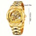 Museumoon Watches Elegant Men's Golden-Tone Automatic Mechanical Watch - Sleek Hollow Design, Stainless Steel Band, Business Casual Style