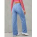 Shellgirl Jeans High Waisted Loose Comfortable Wide Leg Jeans, Blue Light Wash Diagonal Pockets Medium Stretch Straight Jeans L size