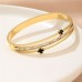 Museumoon Bracelets Chic Golden-Tone Stainless Steel Bracelet with Black Lucky Clover Design, Rhinestone Accents, Perfect for Couples & Everyday Fashion