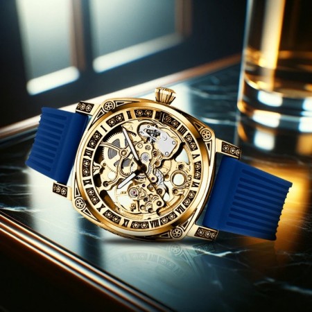 Friendear Watches Men's Golden Blue Alloy Retro Carved Dual-Sided Hollow Automatic Mechanical Watch