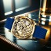 Friendear Watches Men's Golden Blue Alloy Retro Carved Dual-Sided Hollow Automatic Mechanical Watch