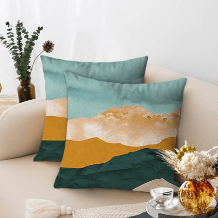 Lifebeliever Cushions Set of 2 Green and Golden Mountain Range Design Throw Pillows with Inserts, Single-Sided Digital Print Square Ultra-Soft Decorative Cushions for Home Decor Aesthetics