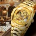 Museumoon Watches Elegant Men's Golden-Tone Automatic Mechanical Watch - Sleek Hollow Design, Stainless Steel Band, Business Casual Style