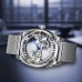 Smile earth Watches Men's Silvery Mesh Strap Simple Style Handsome Carved Flywheel Automatic Mechanical Watch