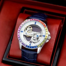 Hianyboby Watches Glamorous Mechanical Watch for Men, Double-Sided Hollow Design with Transparent Bottom, Rhinestone & Sequin Accents, Genuine Leather Strap, Round Alloy Case, Self-Winding Movement