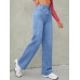 Shellgirl Jeans High Waisted Loose Comfortable Wide Leg Jeans, Blue Light Wash Diagonal Pockets Medium Stretch Straight Jeans L size
