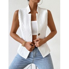 TOSDAYGOOSE Vests Elegant Chic Sleeveless White Polyester Blazer Vest - Elegant Jacquard Suit Jacket with Decorative Buttons, Notched Collar, Machine Washable - Perfect for All Seasons M size 
