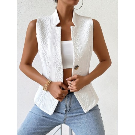 TOSDAYGOOSE Vests Elegant Chic Sleeveless White Polyester Blazer Vest - Elegant Jacquard Suit Jacket with Decorative Buttons, Notched Collar, Machine Washable - Perfect for All Seasons M size 