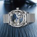 Smile earth Watches Men's Silvery Mesh Strap Simple Style Handsome Carved Flywheel Automatic Mechanical Watch