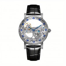 Besthing Watches Men's Sleek Black Faux Leather Strap Watch - Casual Style with Colorful Rhinestone Accents, Automatic Mechanical Movement