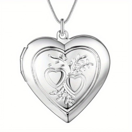 Owlland Lockets Elegant 925 Silver Plated Heart Locket Necklace, Floral Engraving, Unisex Photo Holder Pendant, Copper Crafted, Luxury Fashion Jewelry for Daily Wear & Gifting, Christmas Suitable