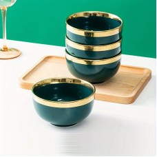 Technologybaby Bowls 4pcs Emerald Green Ceramic Rice Bowls with Golden Rim - Luxurious, High-End Tableware for Home & Commercial Use, Lead-Free, Ideal for Serving Nuts, Grains