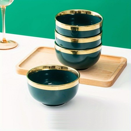 Technologybaby Bowls 4pcs Emerald Green Ceramic Rice Bowls with Golden Rim - Luxurious, High-End Tableware for Home & Commercial Use, Lead-Free, Ideal for Serving Nuts, Grains