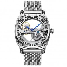 Smile earth Watches Men's Silvery Mesh Strap Simple Style Handsome Carved Flywheel Automatic Mechanical Watch