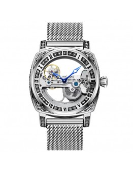 Smile earth Watches Men's Silvery Mesh Strap Simple Style Handsome Carved Flywheel Automatic Mechanical Watch