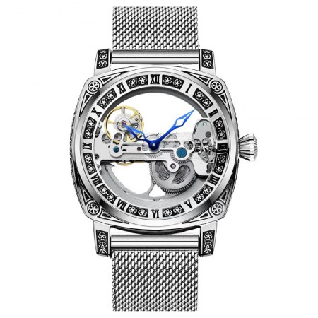 Smile earth Watches Men's Silvery Mesh Strap Simple Style Handsome Carved Flywheel Automatic Mechanical Watch