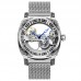 Smile earth Watches Men's Silvery Mesh Strap Simple Style Handsome Carved Flywheel Automatic Mechanical Watch
