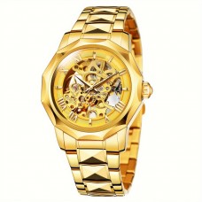 Museumoon Watches Elegant Men's Golden-Tone Automatic Mechanical Watch - Sleek Hollow Design, Stainless Steel Band, Business Casual Style