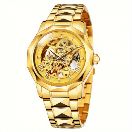 Museumoon Watches Elegant Men's Golden-Tone Automatic Mechanical Watch - Sleek Hollow Design, Stainless Steel Band, Business Casual Style