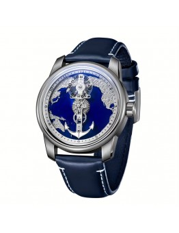 Avowaland Watches Men's Automatic Mechanical Watch - Unique Skeleton Design with World Map & Anchor Dial, Stainless Steel Case, Blue Faux Leather Strap - Business Casual, Non-Electric, Perfect Valentine's Gift for Him