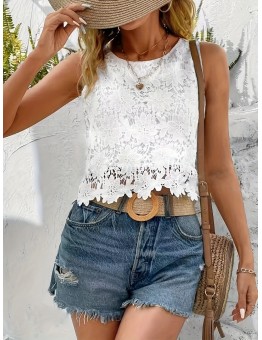 Arrowtiger Hollow Out vests Floral Pattern Top, Elegant Crew Neck Sleeveless Top For Spring & Summer, Women's Clothing M