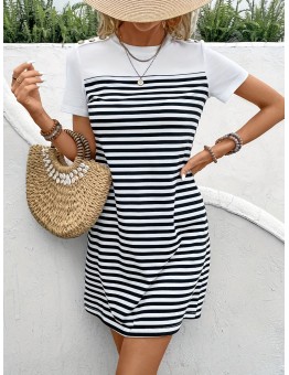 Airsuper Striped Print Button Detail Dress, Casual Short Sleeve Crew Neck Dress, Women's Clothing M