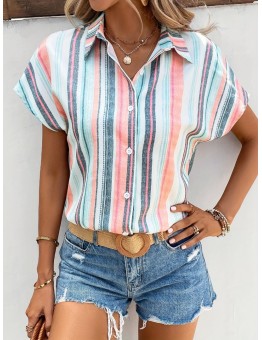 Airsuper Striped Print Button Front Shirt, Casual Short Sleeve Shirt For Spring & Summer, Women's Clothing M