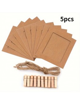 Mojolion Paper photo frames Art Deco Style Kraft Paper Photo Frames, Wall Hanging Picture Frame Set, Vertical Wood Material Oblong Frames for Wall Display, with Clips and Twine for Birthday, Christmas, Wedding, Anniversary Party Decor 5pcs