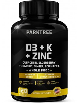 Parktree Vitamins D, K2, K1, Zinc, Quercetin, Elderberry, Turmeric, Ginger & Echinacea Whole Food Supplement 8 in 1- D3 5000 IU Plant-Based from Lichen, Vitamin K (K2 MK7, MK4, K1), D3 K2 Vitamins -120 Capsules