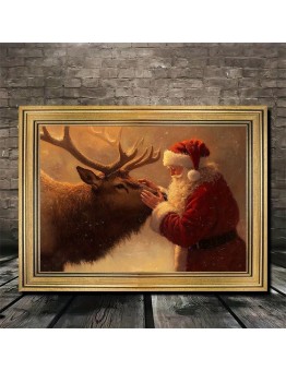 Ticking Picture Frames Vintage Santa Claus & Elk Canvas Art with Golden Frame - Perfect for Living Room Decor, 29.97x39.88 cm
