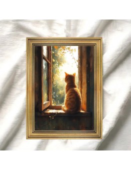 Anglewhale Picture Frames Serene Windowsill Scene, 29.97x39.88 cm, Perfect for Living Room Wall Decor, Old Female Cat, Light Green Wall, Home Walls Decoration, 2D, Perfect for Room Decor
