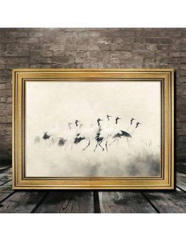 Dearforest Picture Frames Golden Frame Art, Red-Crowned Cranes in Misty Grassland, 29.97x39.88 cm, Elegant Dance, Living Room Wall Decor, Artistic Drawing Set