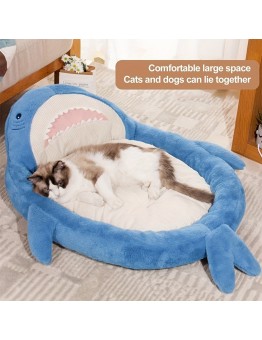 Ticking Pet cushions Cartoon Shark-Shaped Pet Bed for Cats and Dogs, Comfortable Plush Oval Dog Bed with Non-Slip Bottom, Striped Pattern, Polyester Fiber Filling, Suitable for Small to Medium Dogs and Toy Breeds