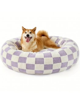 Aprilife Pet cushions Cozy Plaid Dog Bed - Round, Calming Pet Nest with Shaggy Jacquard & Non-Slip Bottom for Small to Large Dogs