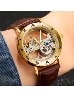 Storycity Watches Luxury Men'S Skeleton Watch - Automatic Mechanical, Round Dial, Stainless Steel Case, Faux Leather Strap, Water Resistant 30m, Business Style, No Battery Required