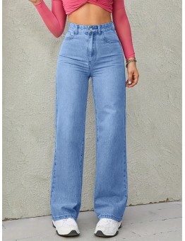 Shellgirl Jeans High Waisted Loose Comfortable Wide Leg Jeans, Blue Light Wash Diagonal Pockets Medium Stretch Straight Jeans L size