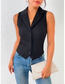 Shellgirl Vests Solid Color Single Breasted Vest, Elegant Slim Sleeveless Lapel Outwear For Spring & Fall, Women's Clothing XL size
