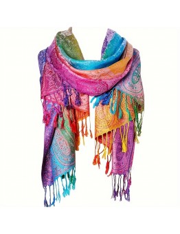 Parkearth scarfs Bohemian Jacquard Satin Paisley Scarf, Rainbow Gradient Tassel Shawl, Trendy Windproof Warm Wrap, Large Scarf for Women, Mardi Gras, Breathable, Decorative, Non-Stretch, Handwash/Dry Clean