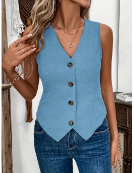 Jellykoala Vests Elegant Sleeveless V-Neck Denim Vest - 1pc Solid Color Corduroy Waistcoat with Button Details - Woven Coat for Spring/Summer/Fall Adult XL size