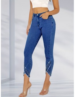 PRINCEGOOSE Jeans Chic Women's Stretch Skinny Jeans with Rhinestone-Embellished Raw Hem - Mid-Rise, Comfort Fit Denim in Light Blue, Blend, Allseason Jeans|Rhinestone Embellishments|Seamless Design, Plus Size Jeans L SIZE