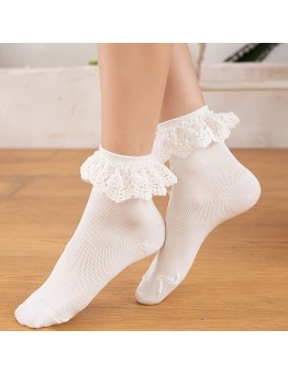 Jellykoala Socks 3 Pair Simple Solid Color Lace Trim Socks, Comfy & Breathable Mid Tube Socks, Women's Stockings & Hosiery