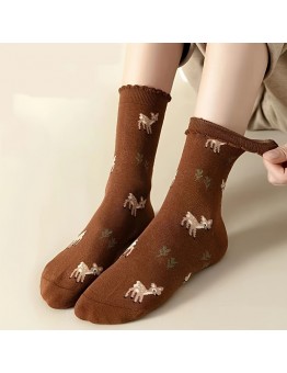 PRINCEGOOSE Socks 3 Pair Cartoon Deer Socks, Cute College Style Pleated Mid-Calf Socks