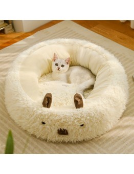Mythoney Pet cushions Alpaca-Shaped Pet Bed, Soft and Cozy Removable Polyester Cat & Dog Sofa, Round Non-Skid Bottom Pet Lounger, Ideal for Extra Small to Small Breeds, Cartoon Pattern, Polypropylene Filled - Beige