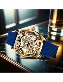 Friendear Watches Men's Golden Blue Alloy Retro Carved Dual-Sided Hollow Automatic Mechanical Watch